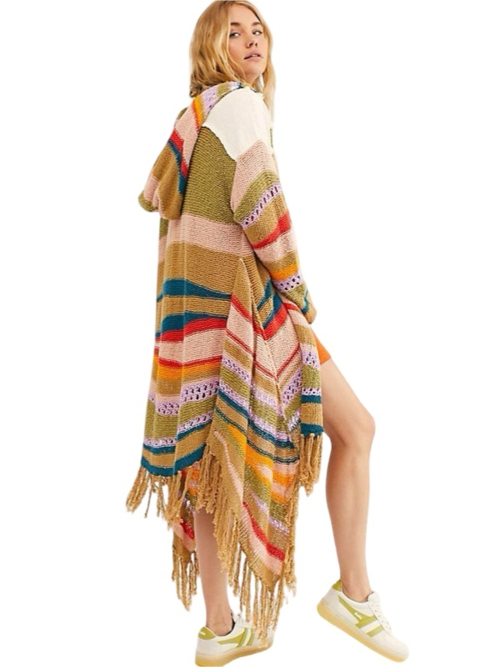 πππ Free People Bohemian Multi Stripe Hooded Fringe Cardigan Sweater Poncho πππ - Picture 2 of 11